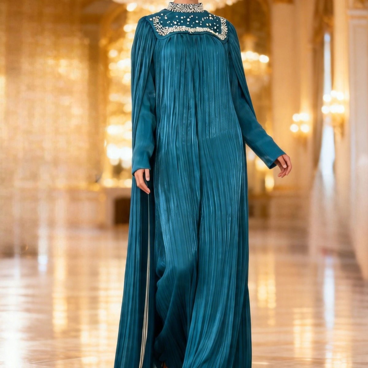 Pearl & Crystal Beaded Pleated Chiffon Maxi Gown(MA441) - Mariam's Collection