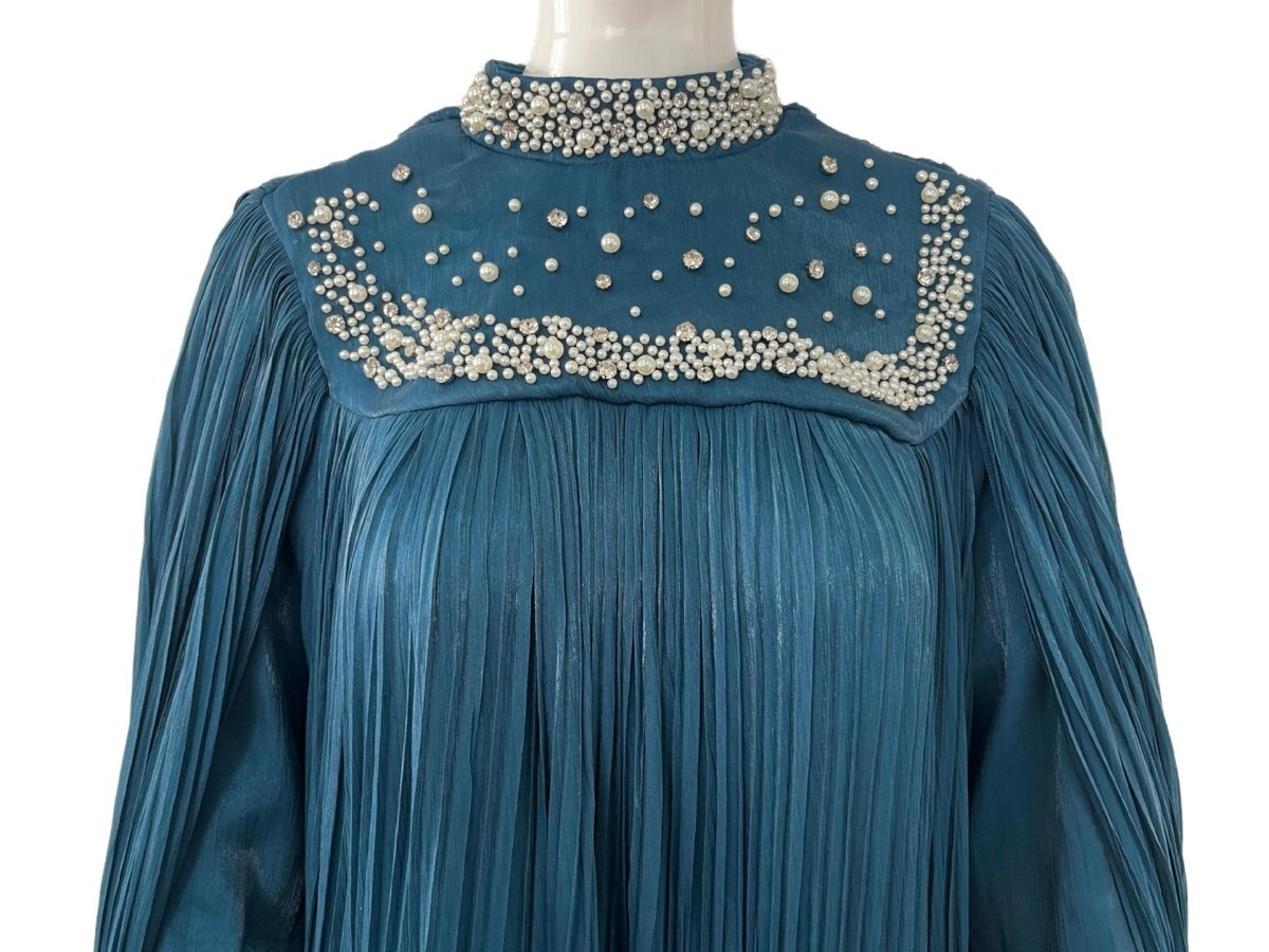 Pearl & Crystal Beaded Pleated Chiffon Maxi Gown(MA441) - Mariam's Collection