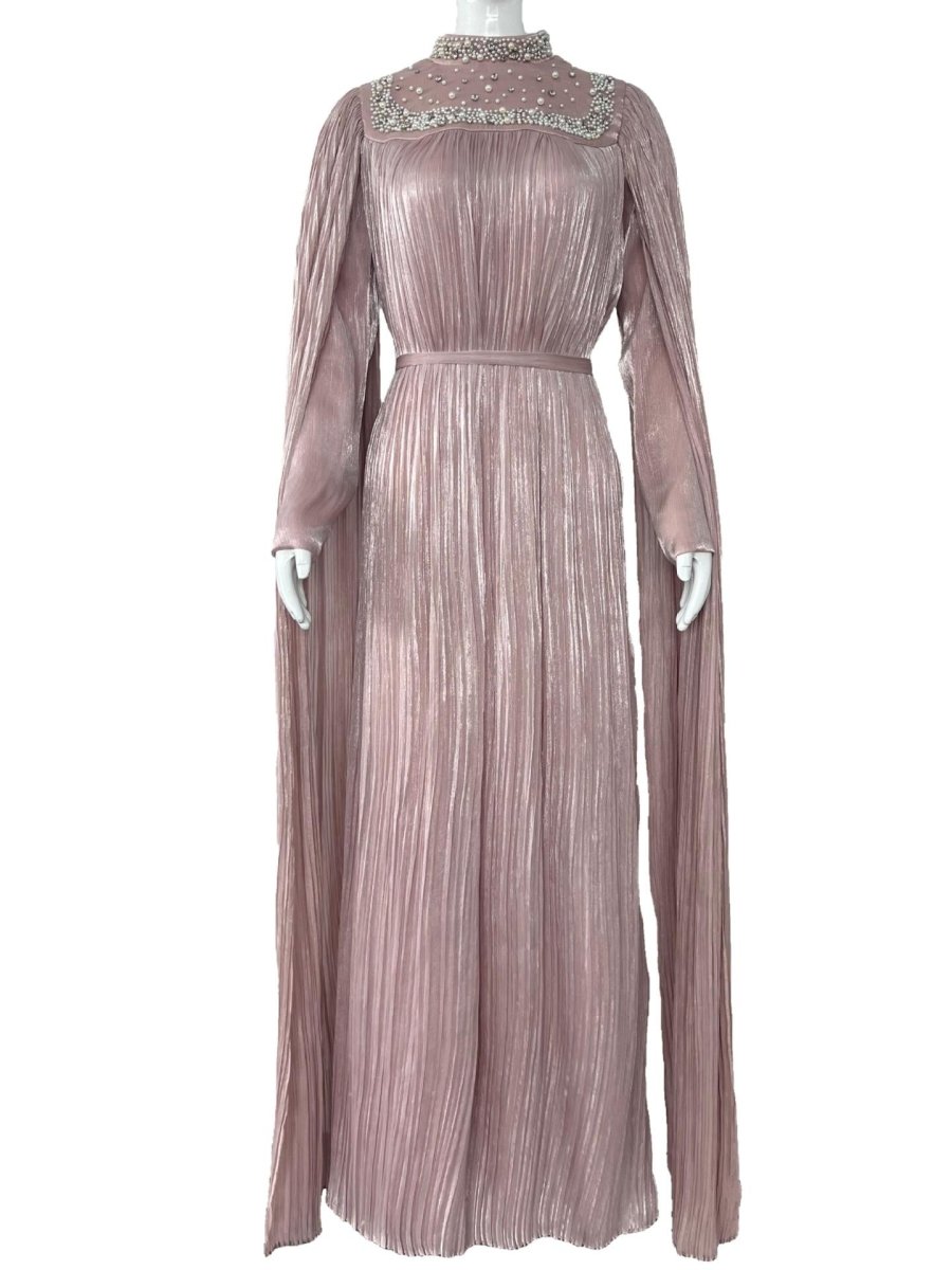 Pearl & Crystal Beaded Pleated Chiffon Maxi Gown(MA441) - Mariam's Collection