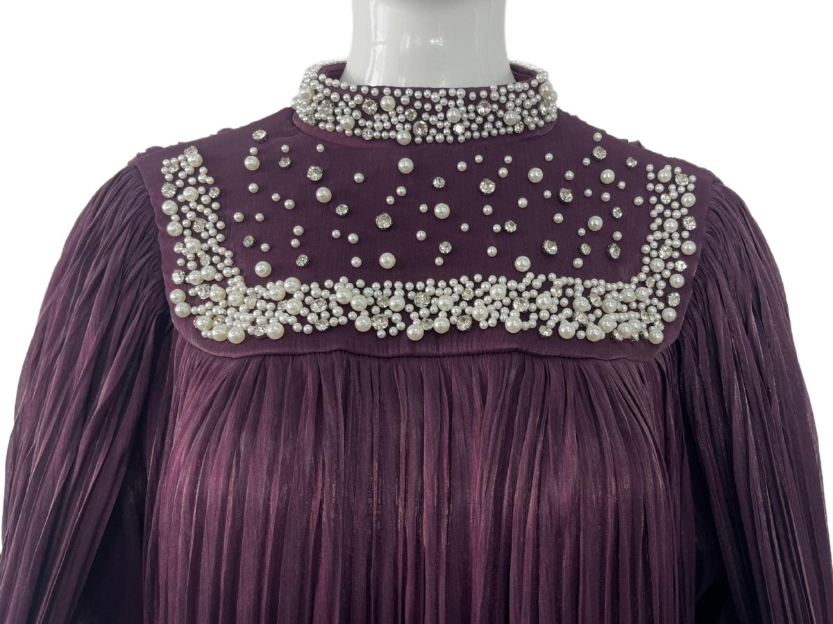 Pearl & Crystal Beaded Pleated Chiffon Maxi Gown(MA441) - Mariam's Collection