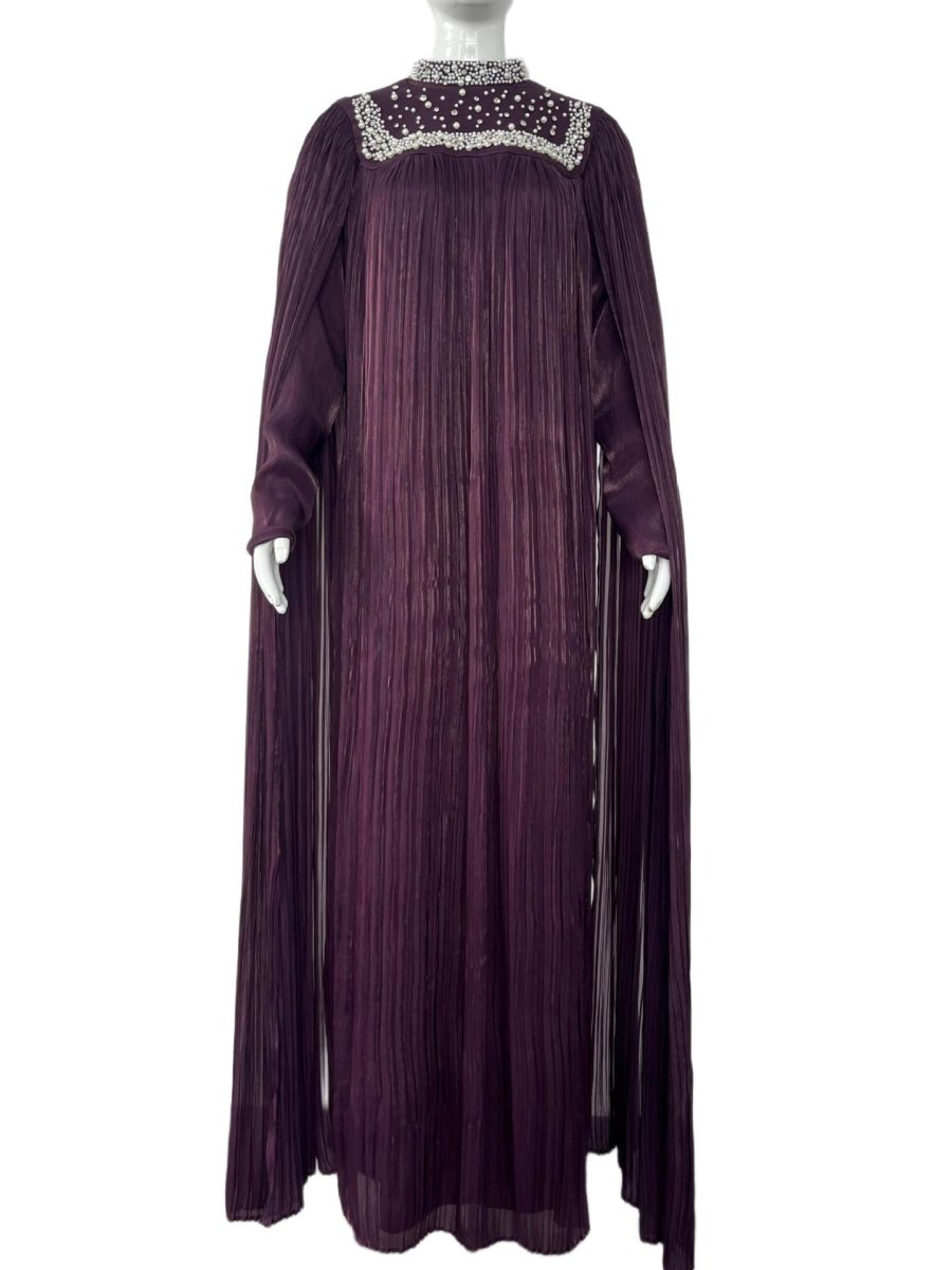Pearl & Crystal Beaded Pleated Chiffon Maxi Gown(MA441) - Mariam's Collection