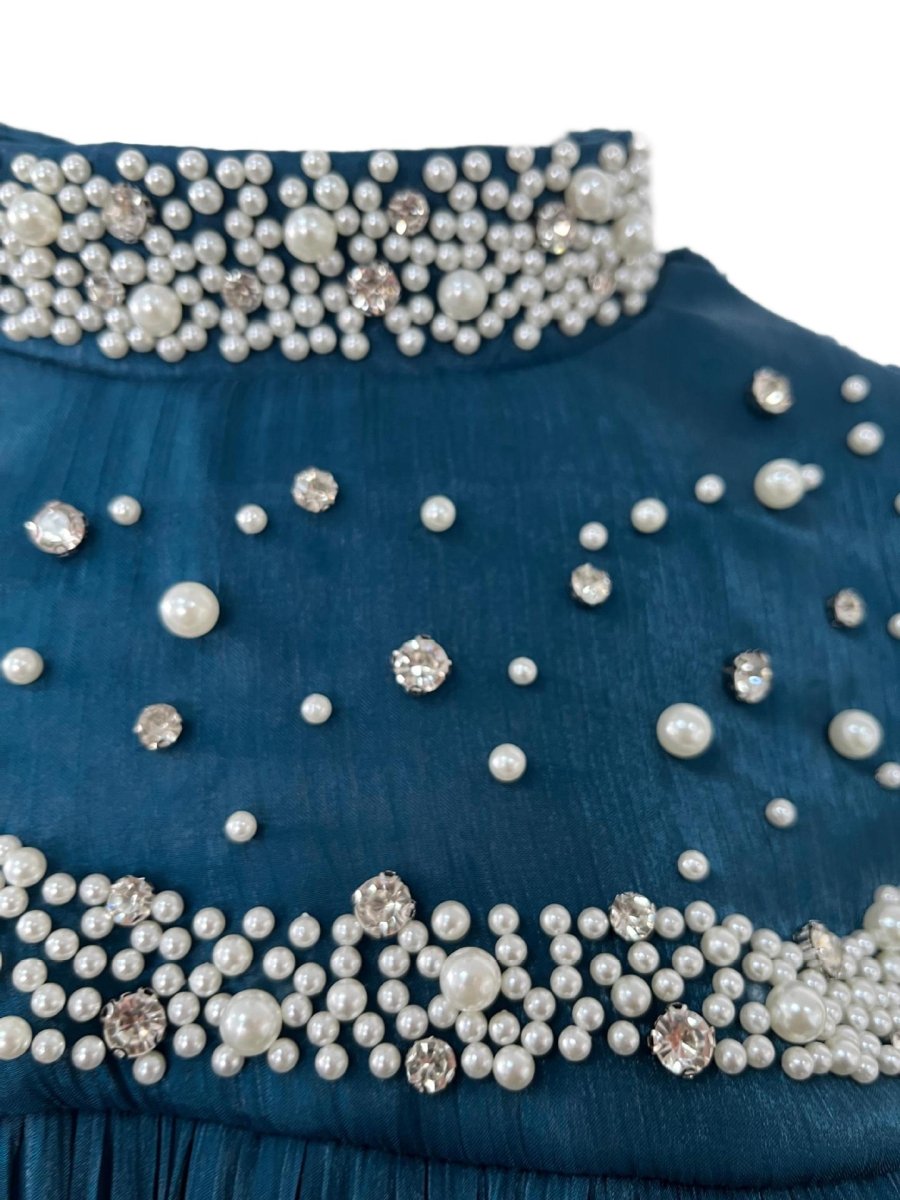 Pearl & Crystal Beaded Pleated Chiffon Maxi Gown(MA441) - Mariam's Collection