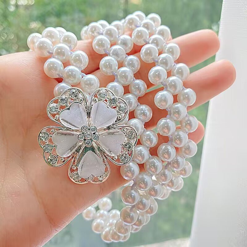 Pearl Elastic Waist Belt | Rhinestone Flower Stretch Belt(MAC362) - Mariam's Collection