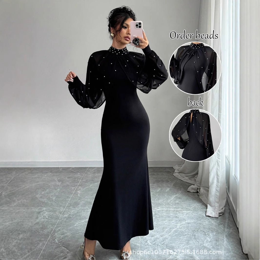 Pearl-Studded Sheer Puff Sleeve Dress – Formal Maxi Dress