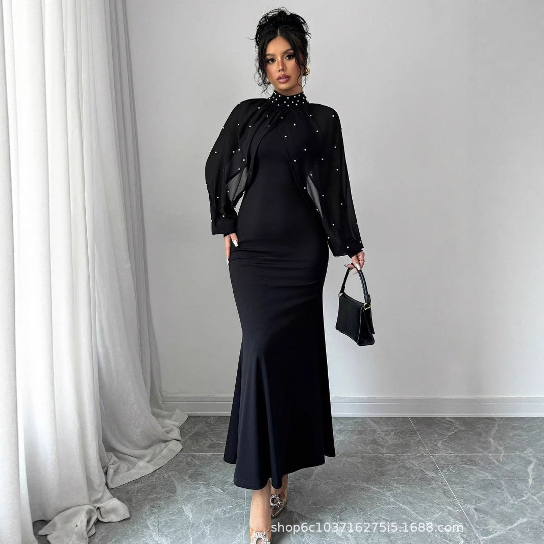 Pearl-Studded Sheer Puff Sleeve Dress – Formal Maxi Dress