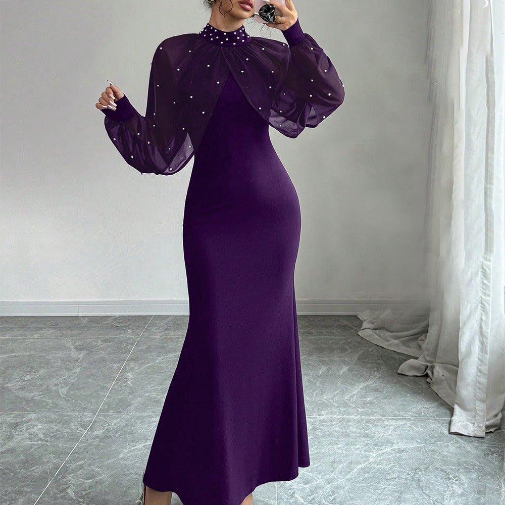 Sheer chiffon sleeve draped detail with white pearl embellishments