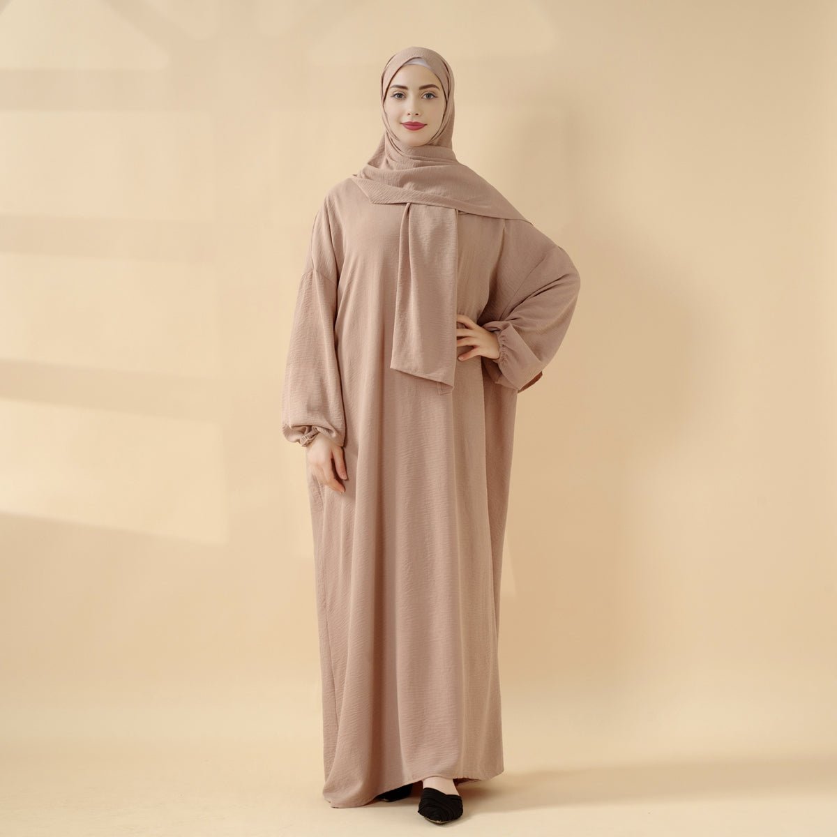 Cocoon-Cut Crepe Abaya Perfect For Umrah With One-Piece Hijab Attached (MA143)
