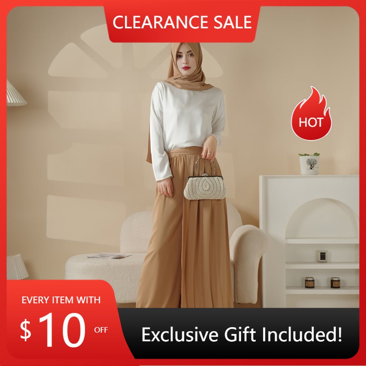 Pleated Overskirt, Wide - Cut Pants & Matching Hijab Set (MS025) - Mariam's Collection