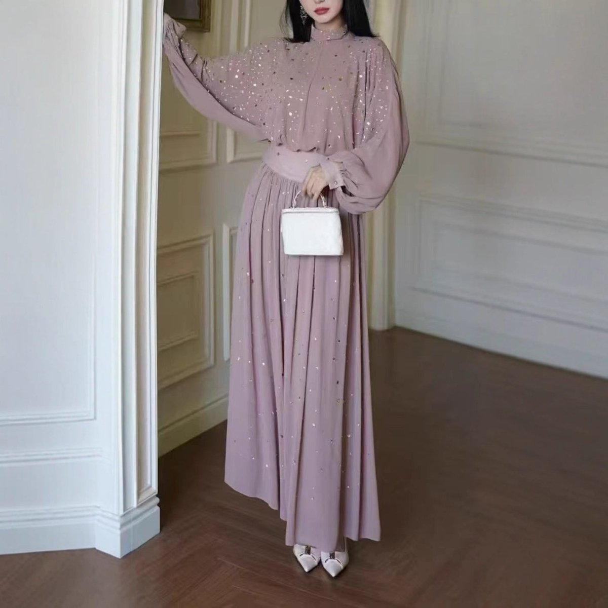 Front view of crystal rhinestone bishop sleeve top from two-piece modest set