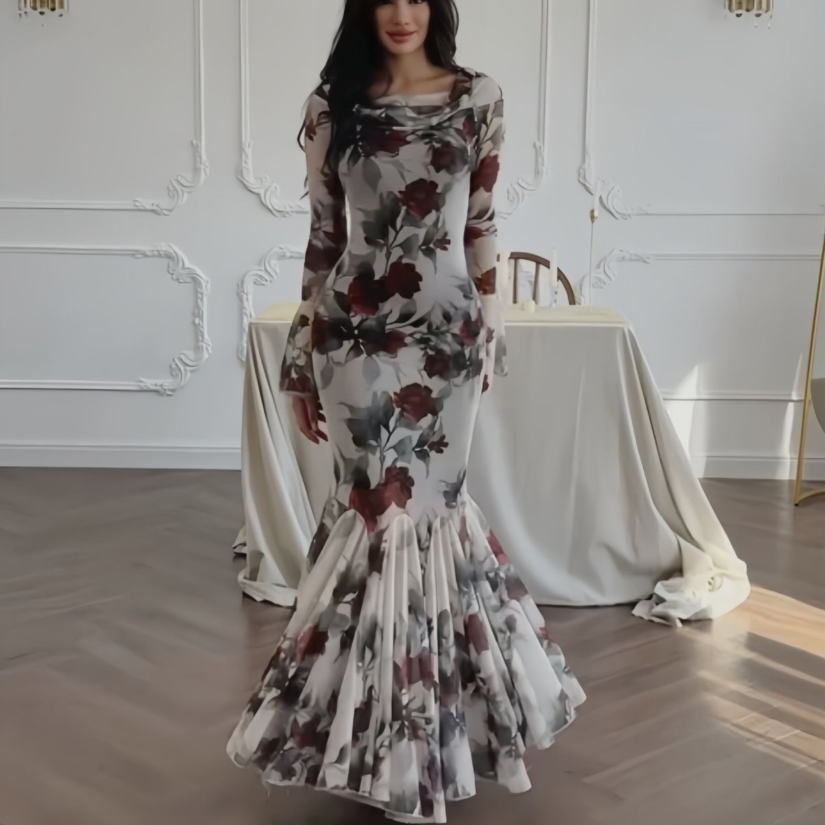 Romantic Floral Mermaid Dress | Elegant Ruffle Hem Long Sleeve French Style Maxi Dress(MS268) - Mariam's Collection