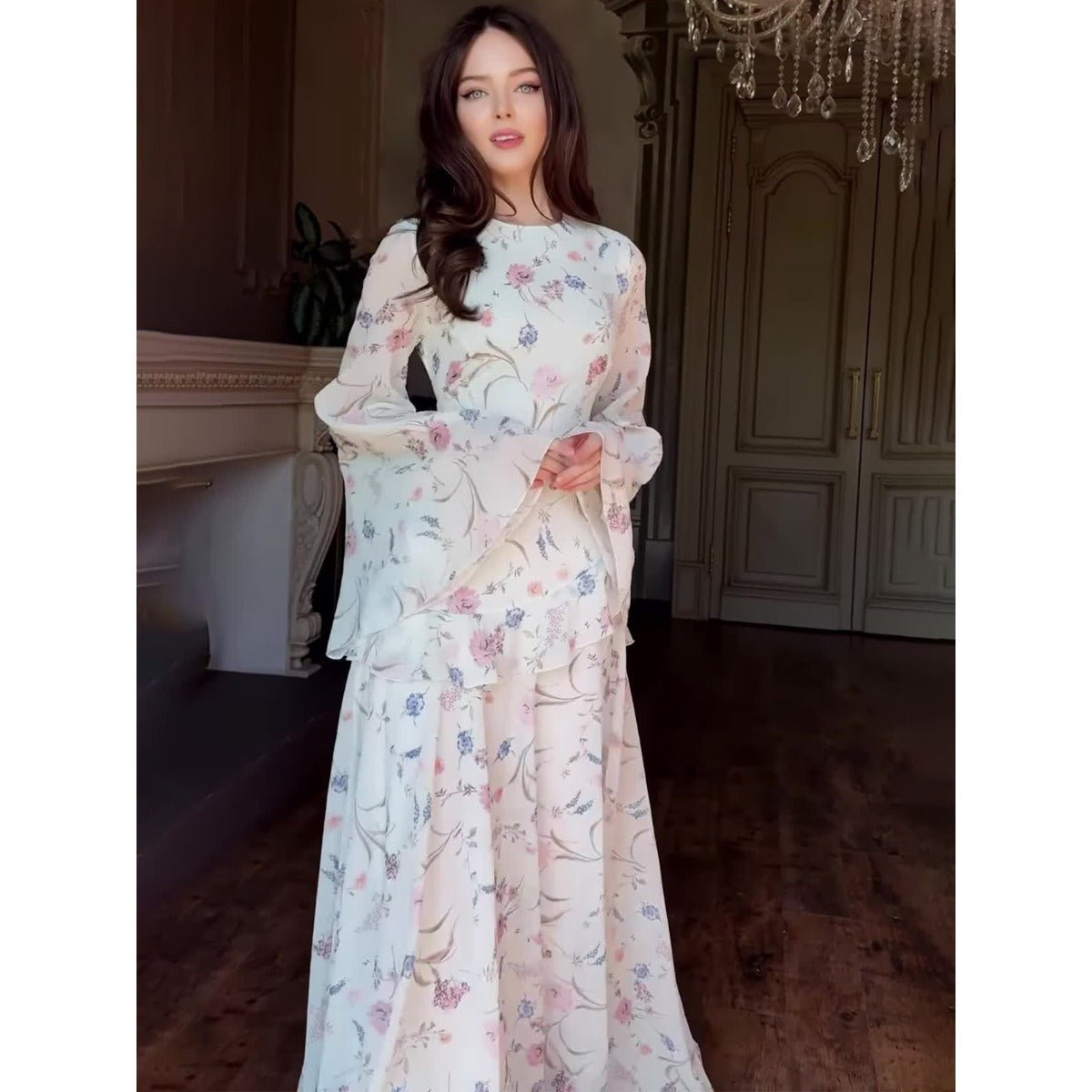 Romantic High Neck Floral Gown With Bell Sleeves | Long Sleeve Gown Abaya with Flowy Hem