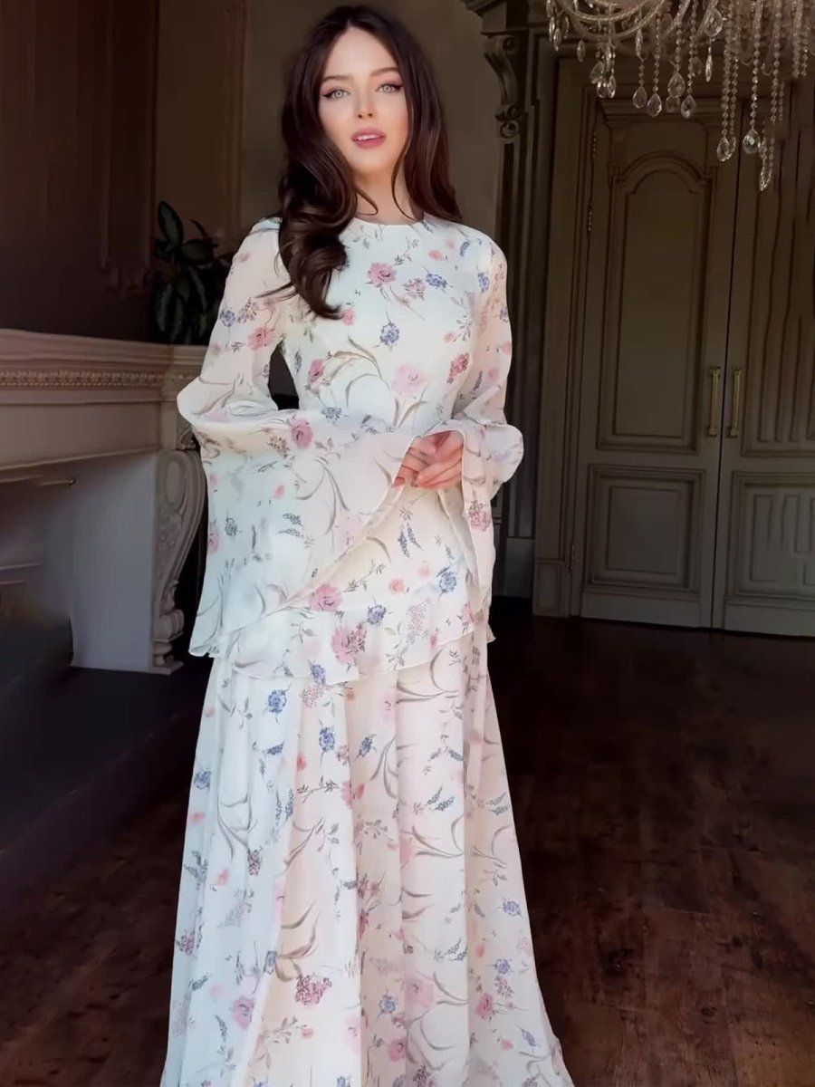 Romantic High Neck Floral Bell Sleeve Long Sleeve Gown Abaya with Flowy Hem. (MA218) - Mariam's Collection