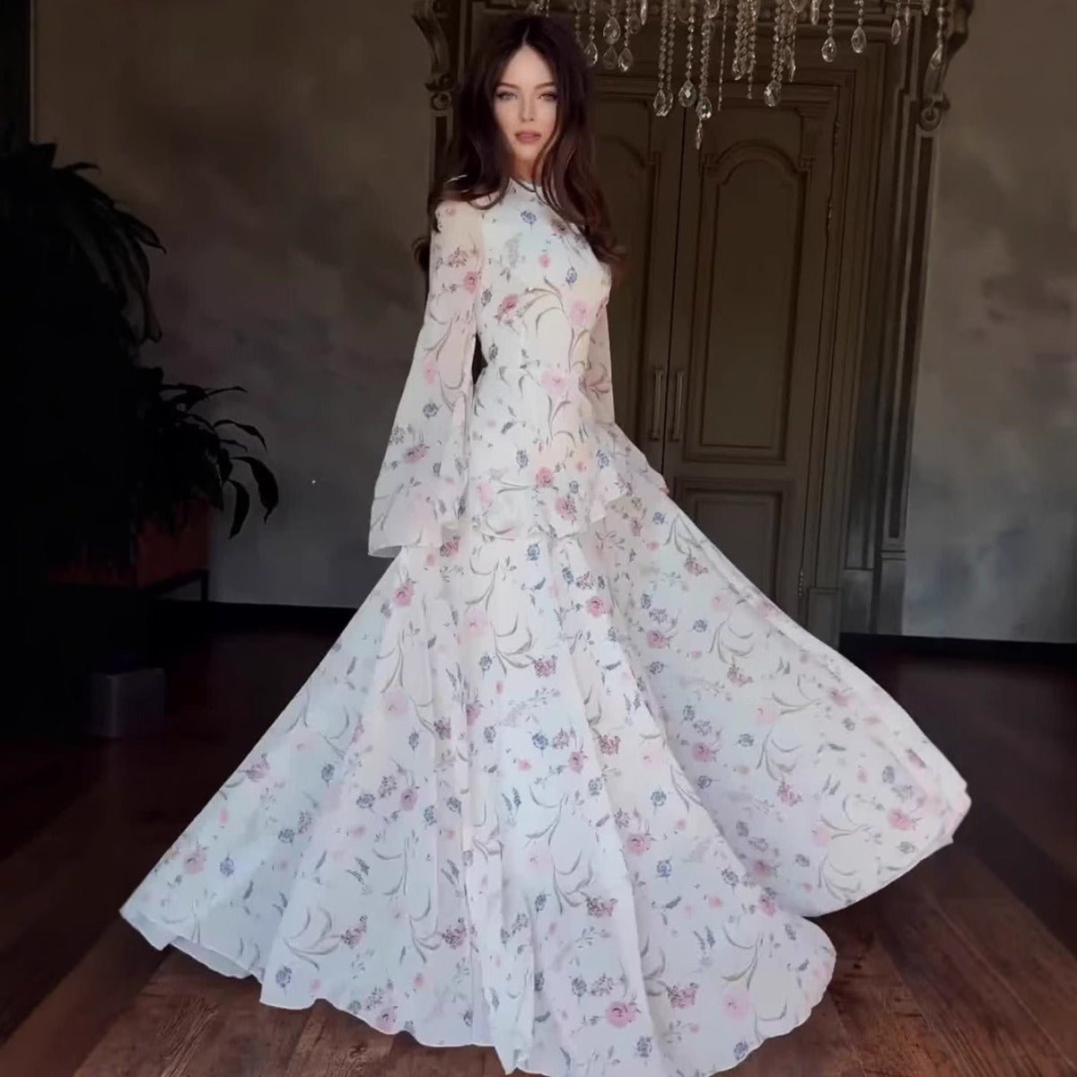 Romantic High Neck Floral Gown With Bell Sleeves | Long Sleeve Gown Abaya with Flowy Hem