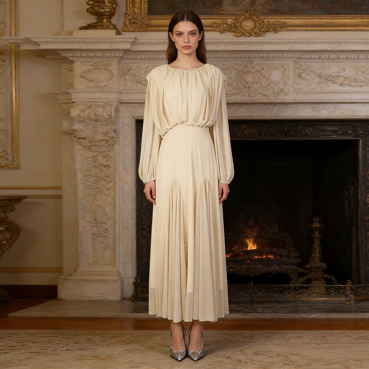 Full-length view of ruched bodice dress with pleated skirt movement
