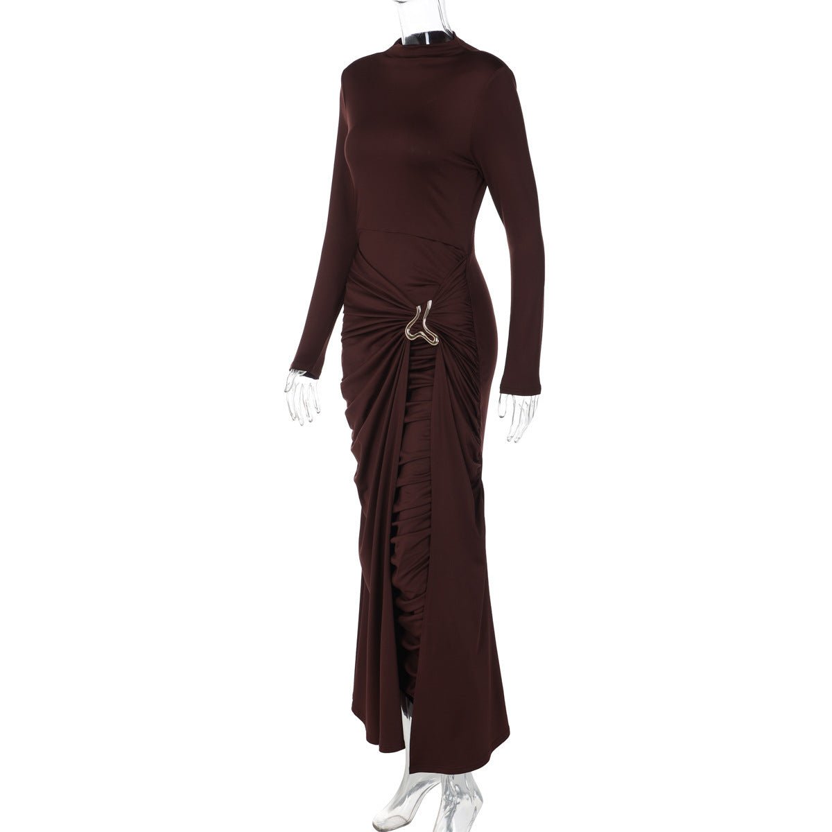 Ruched Bodycon Gown with Metal Hardware | High Neck Modal Maxi Dress(MS233) - Mariam's Collection