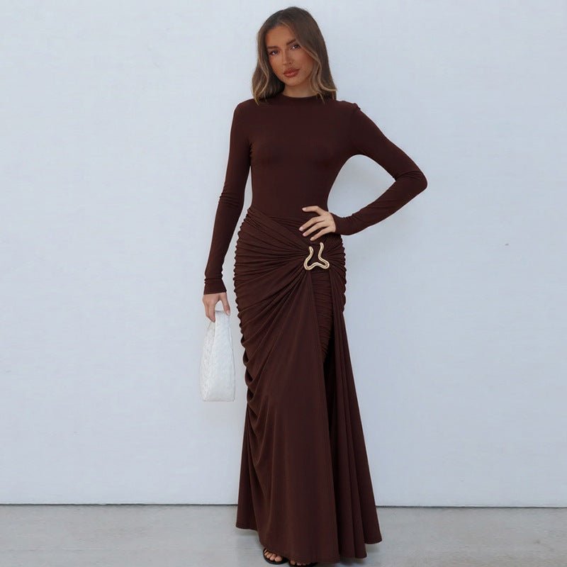 Ruched Bodycon Gown with Metal Hardware | High Neck Modal Maxi Dress(MS233) - Mariam's Collection