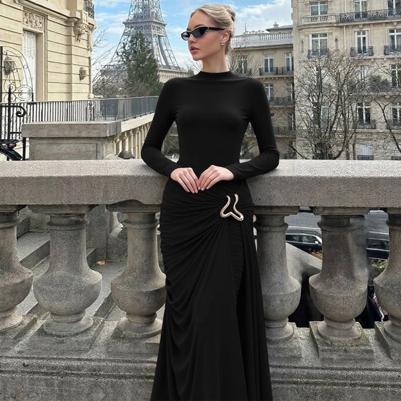 Ruched Bodycon Gown with Metal Hardware | High Neck Modal Maxi Dress(MS233) - Mariam's Collection