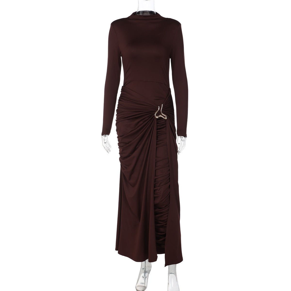 Ruched Bodycon Gown with Metal Hardware | High Neck Modal Maxi Dress(MS233) - Mariam's Collection