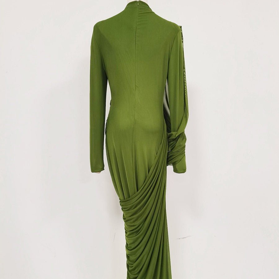 Back view of high waist bodycon maxi dress showing zip closure and fitted silhouette