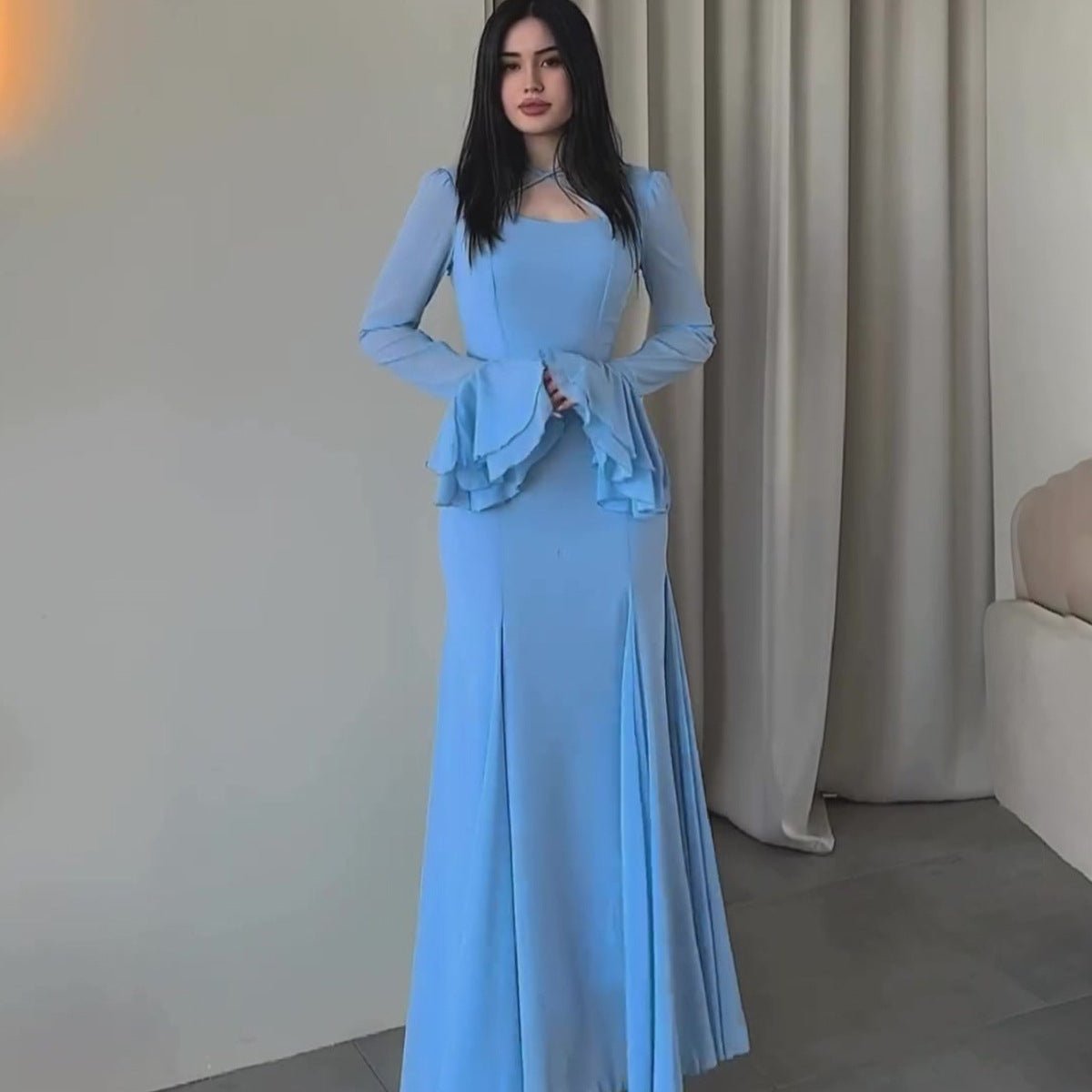 Ruffle Sleeve Chiffon Maxi Dress – Crisscross Abaya Gown