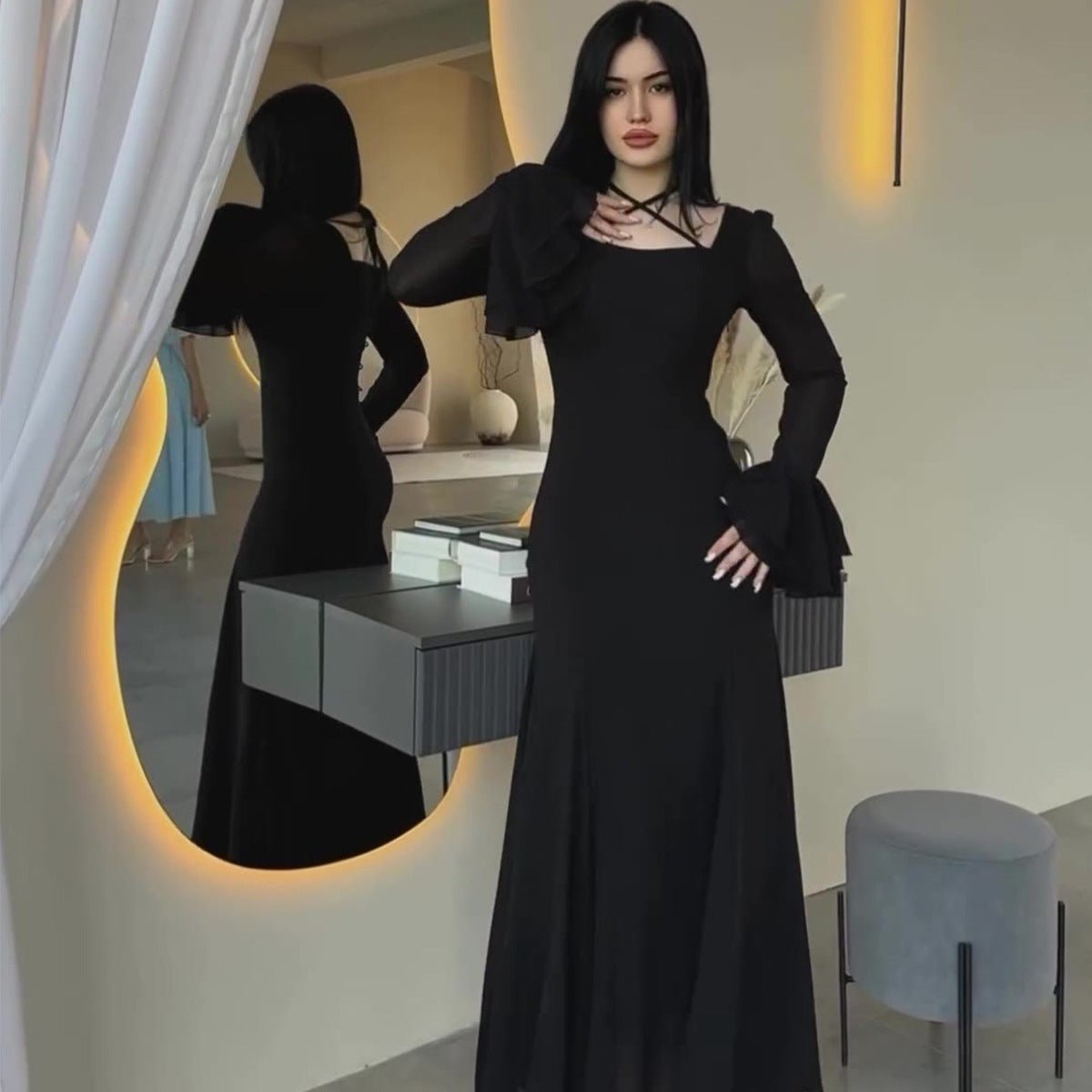 Ruffle Sleeve Chiffon Maxi Dress – Crisscross Abaya Gown