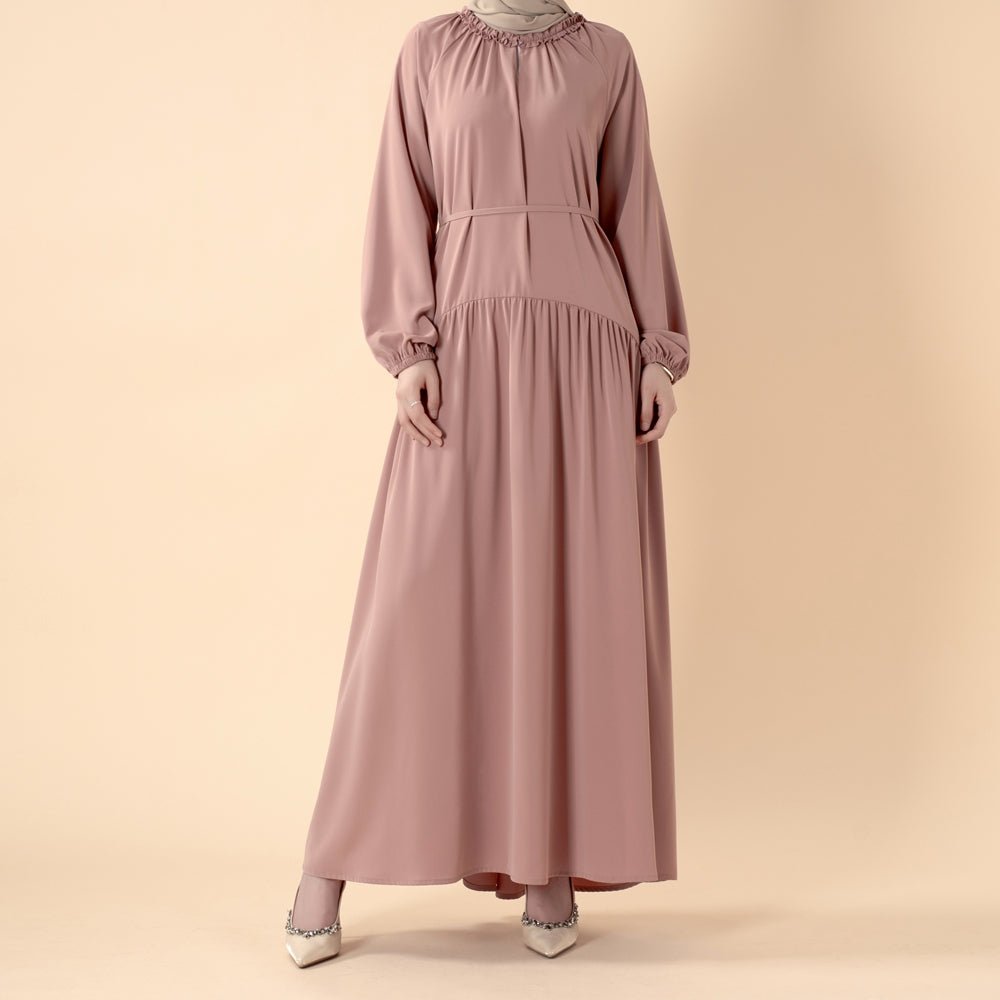 Ruffle Trim Pleated Relaxed Maxi Dress with Waist Tie(MA424) - Mariam's Collection