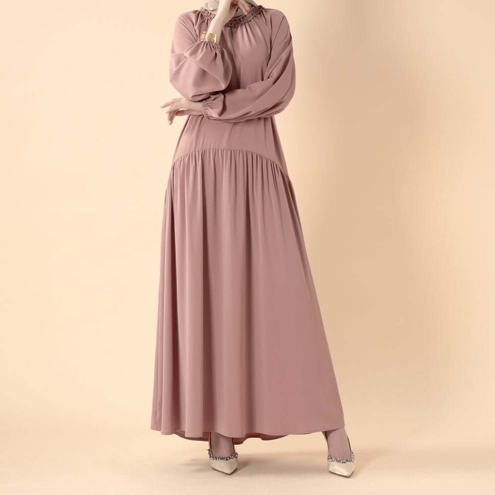 Ruffle Trim Pleated Relaxed Maxi Dress with Waist Tie(MA424) - Mariam's Collection