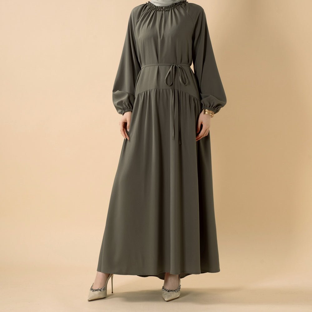 Ruffle Trim Pleated Relaxed Maxi Dress with Waist Tie(MA424) - Mariam's Collection