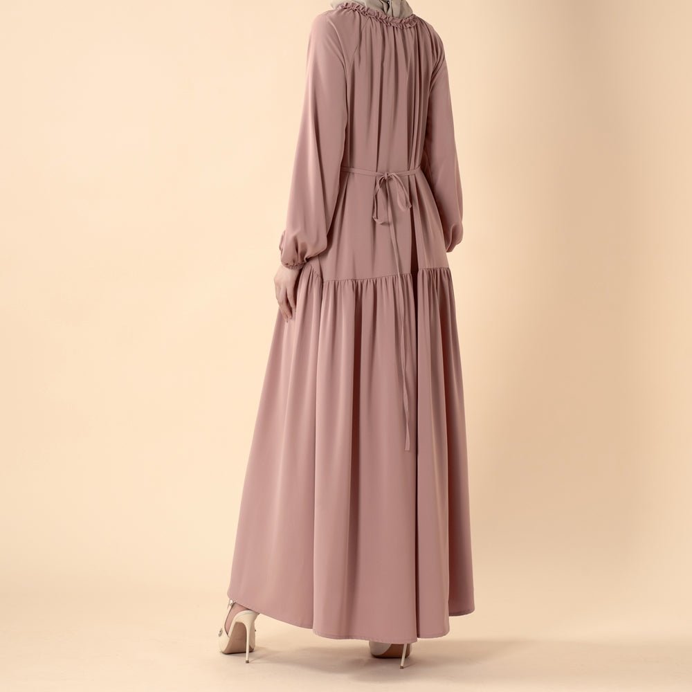 Ruffle Trim Pleated Relaxed Maxi Dress with Waist Tie(MA424) - Mariam's Collection