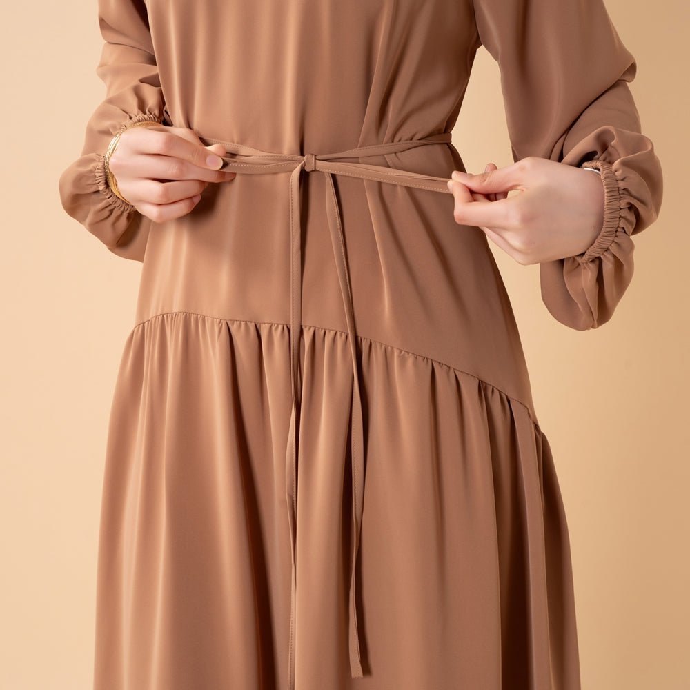 Ruffle Trim Pleated Relaxed Maxi Dress with Waist Tie(MA424) - Mariam's Collection