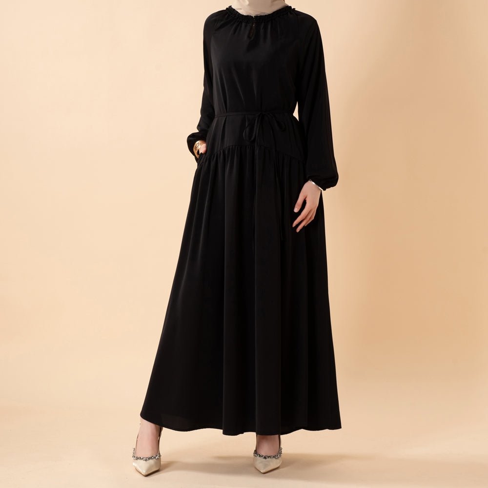 Ruffle trim neckline close-up on lightweight modest maxi abaya