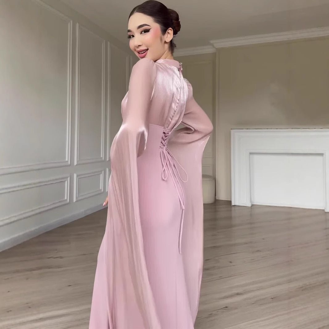 Satin Dress with Corset Back & Cape Sleeves