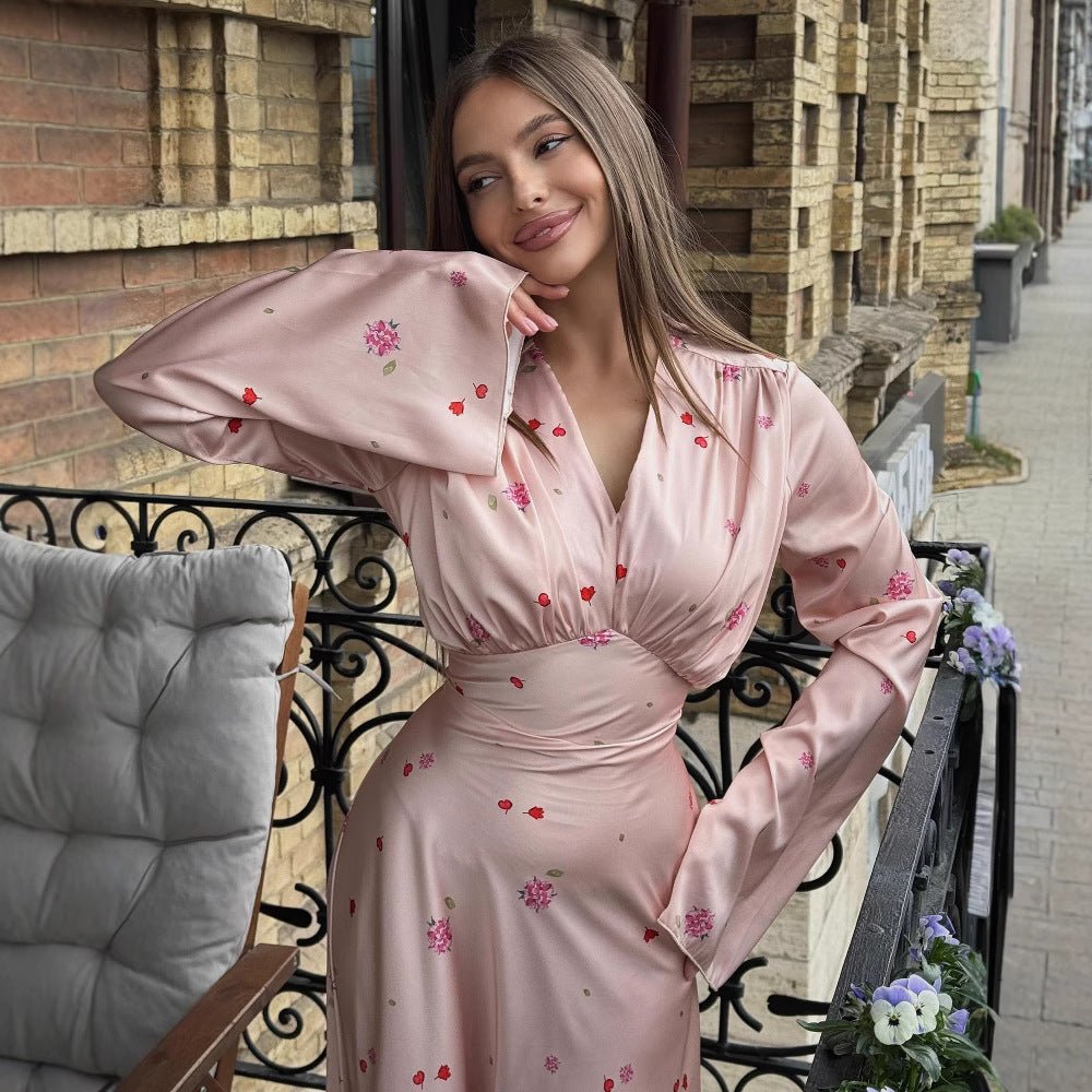 Bishop sleeve with gathered cuff detail on satin floral maxi dress