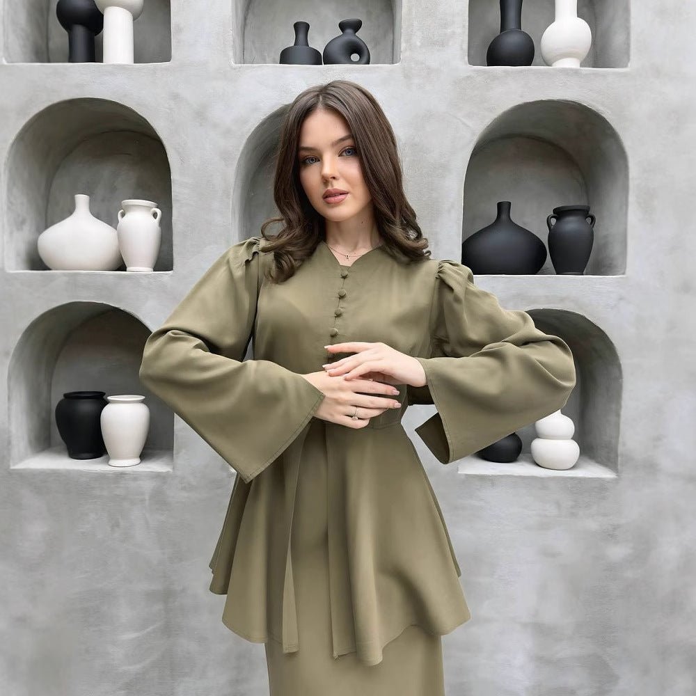 Satin Peplum Top & Skirt Set | Bell Sleeve Two - Piece Outfit(MS229) - Mariam's Collection