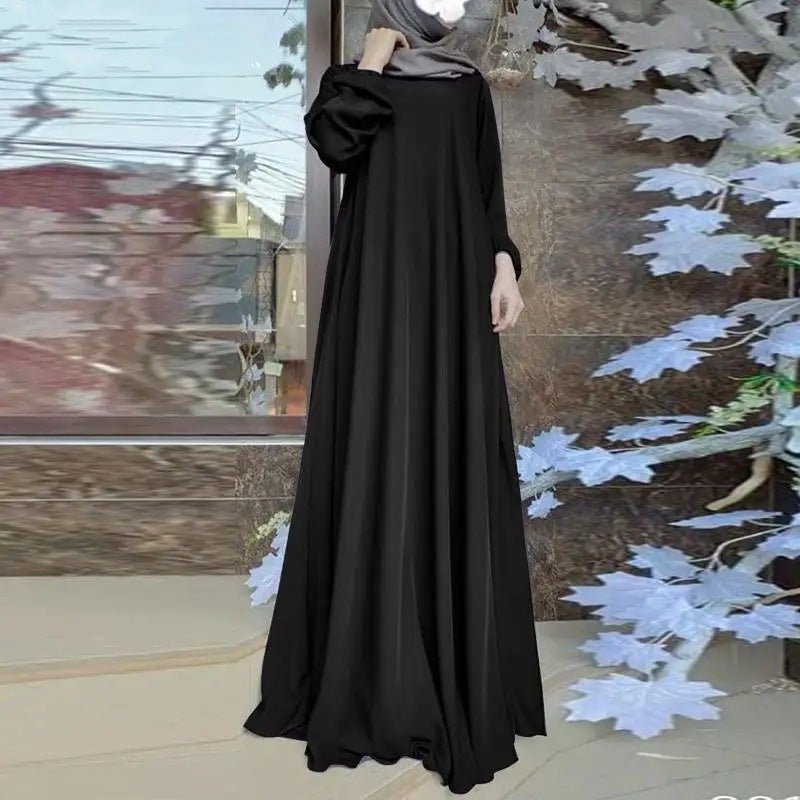 Satin Round Neck Floor Length Abaya | Puff Sleeve Elastic Cuff Maxi Dress(MA303) - Mariam's Collection