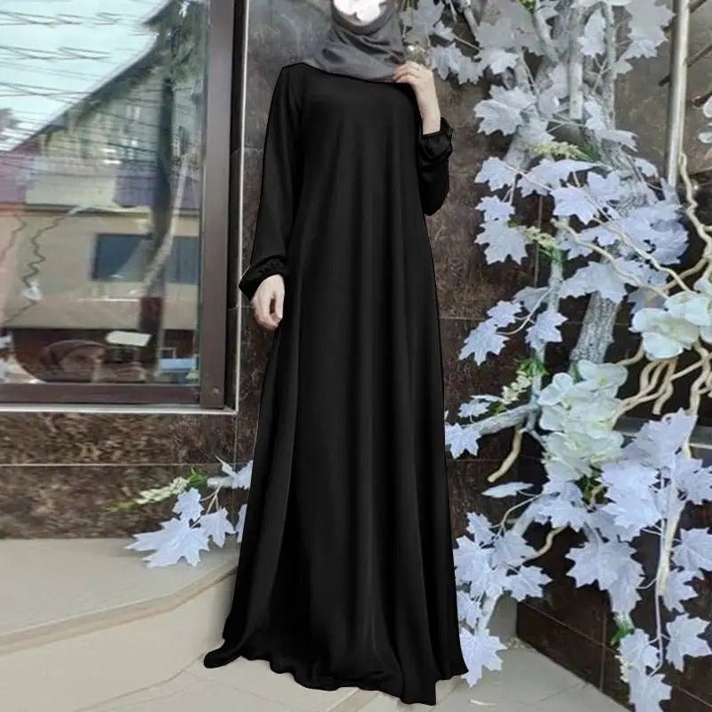 Satin Round Neck Floor Length Abaya | Puff Sleeve Elastic Cuff Maxi Dress(MA303) - Mariam's Collection