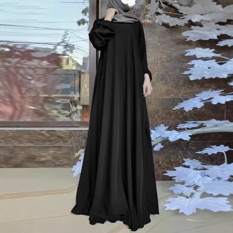 Satin Round Neck Floor Length Abaya | Puff Sleeve Elastic Cuff Maxi Dress(MA303) - Mariam's Collection