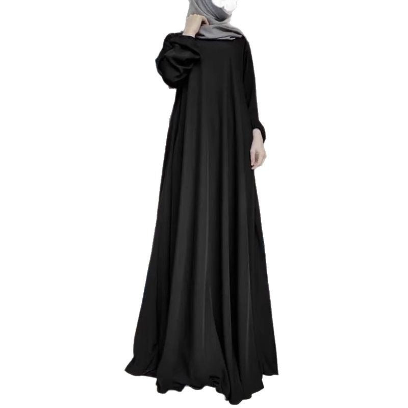 Satin Round Neck Floor Length Abaya | Puff Sleeve Elastic Cuff Maxi Dress(MA303) - Mariam's Collection