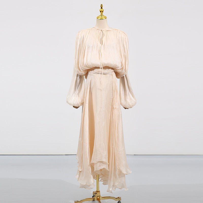 Front view of satin blouson occasion dress showing tie-bow neckline detail