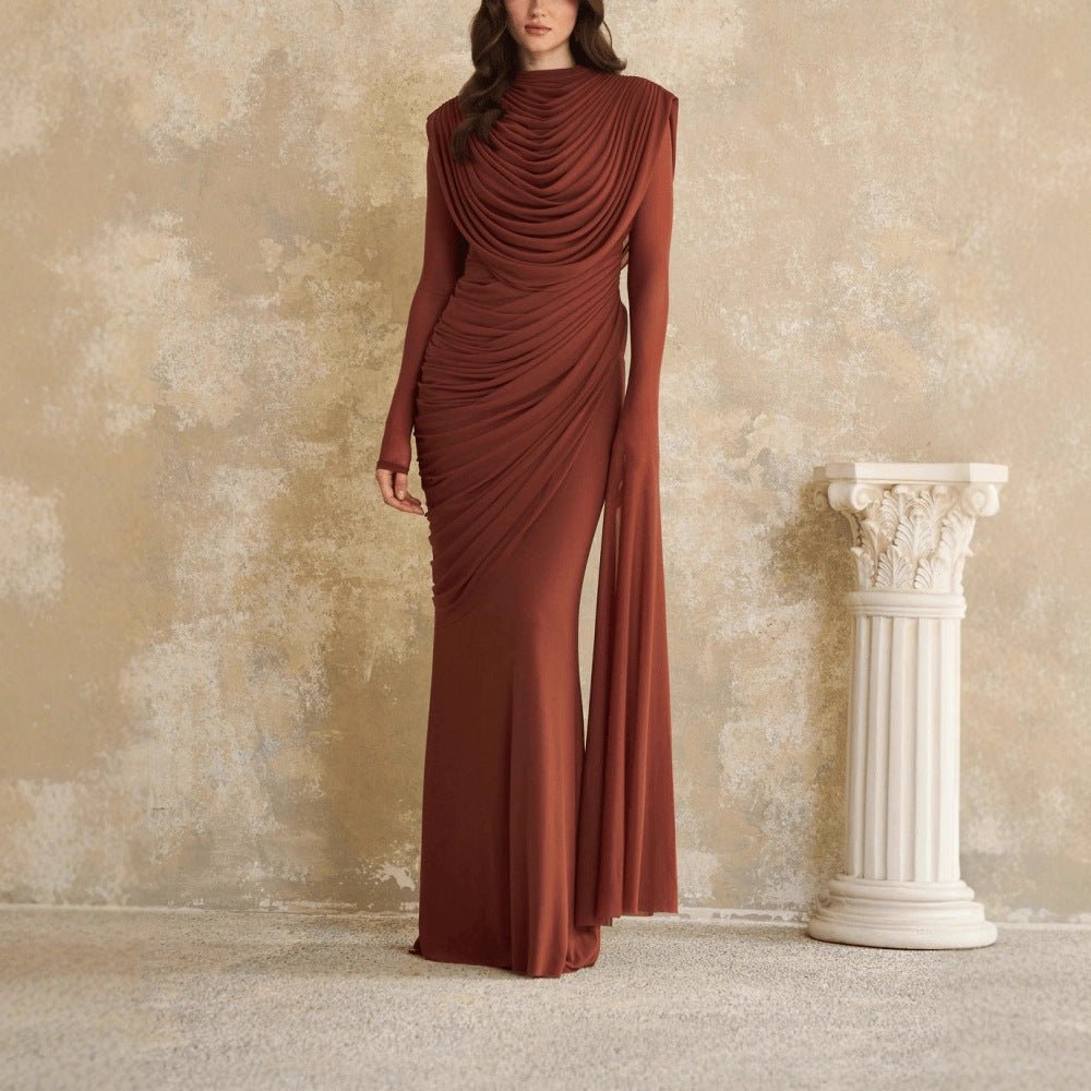 Sculptural Pleated Formal Dress – Cowl Neck Maxi Gown
