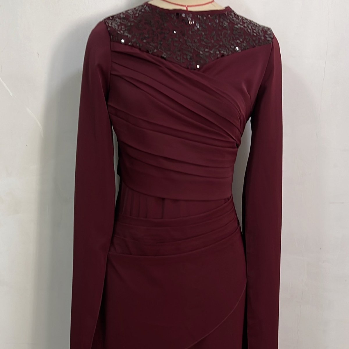 Sequin Embellished Formal Dress | Long Sleeve Ruched Bodycon Dress(MS272) - Mariam's Collection