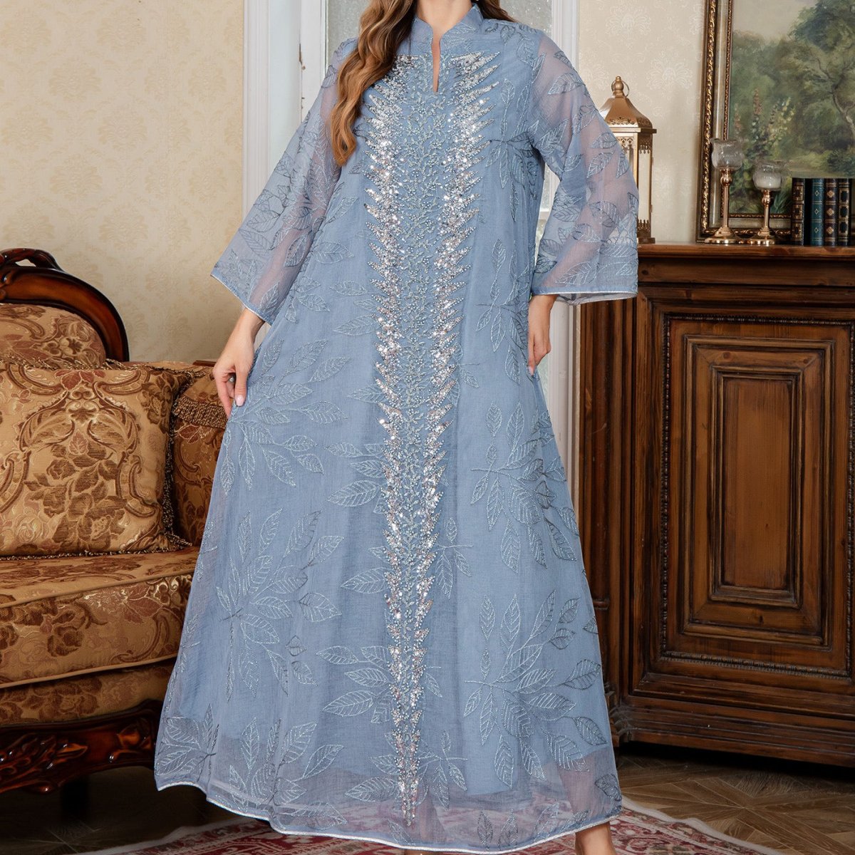 Sequin Embroidered Mesh Abaya — Sparkling Modest Evening Gown