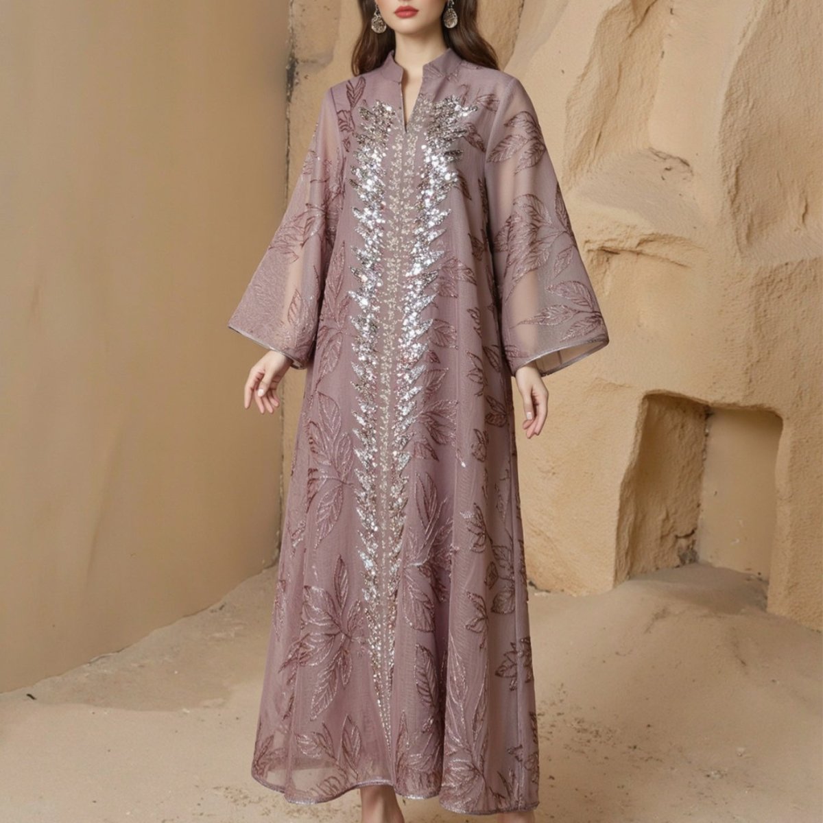 Blue sequin embroidered abaya with mandarin neckline and modest coverage