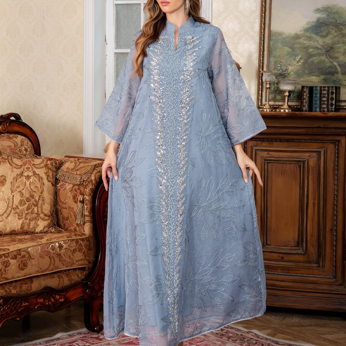 Apricot sparkling abaya suitable for Eid weddings and formal occasions
