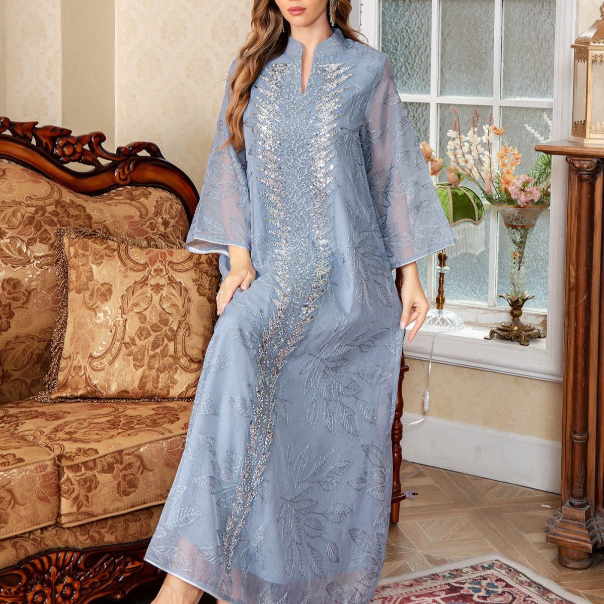 Luxury sequin abaya with mandarin collar and refined evening styling