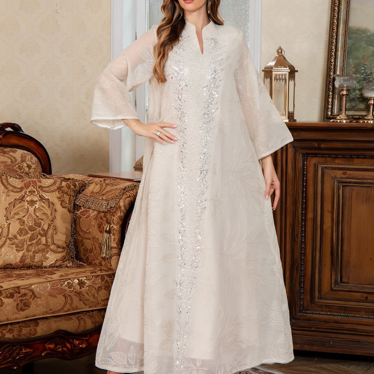 Sequin Embroidered Mesh Abaya — Sparkling Modest Evening Gown