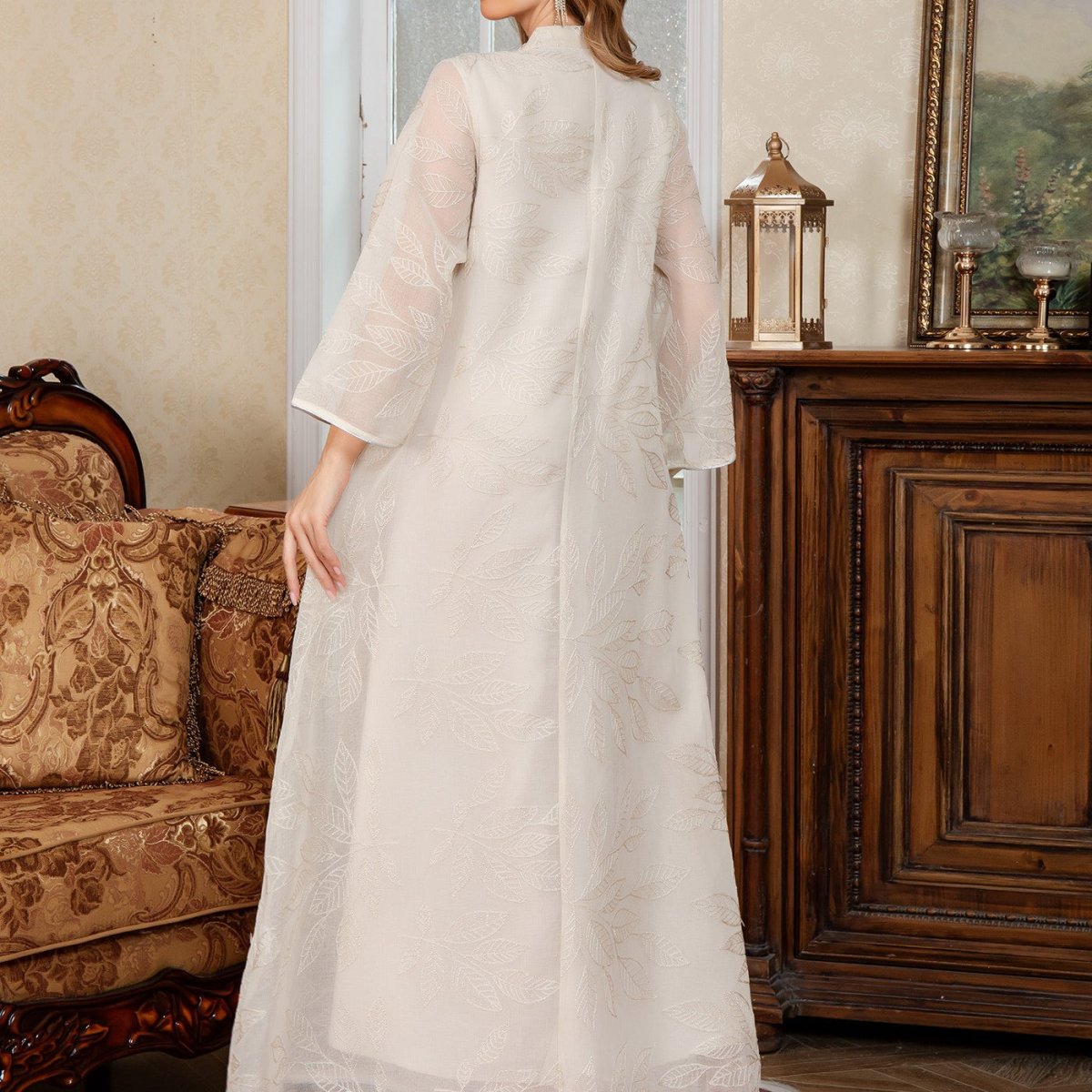 Sparkling sequin embroidered abaya with three-quarter bell sleeves