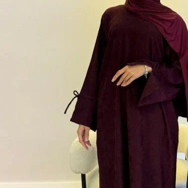 Simple Mini Bow Lace - Up Sleeve Abaya (MA130) - Mariam's Collection