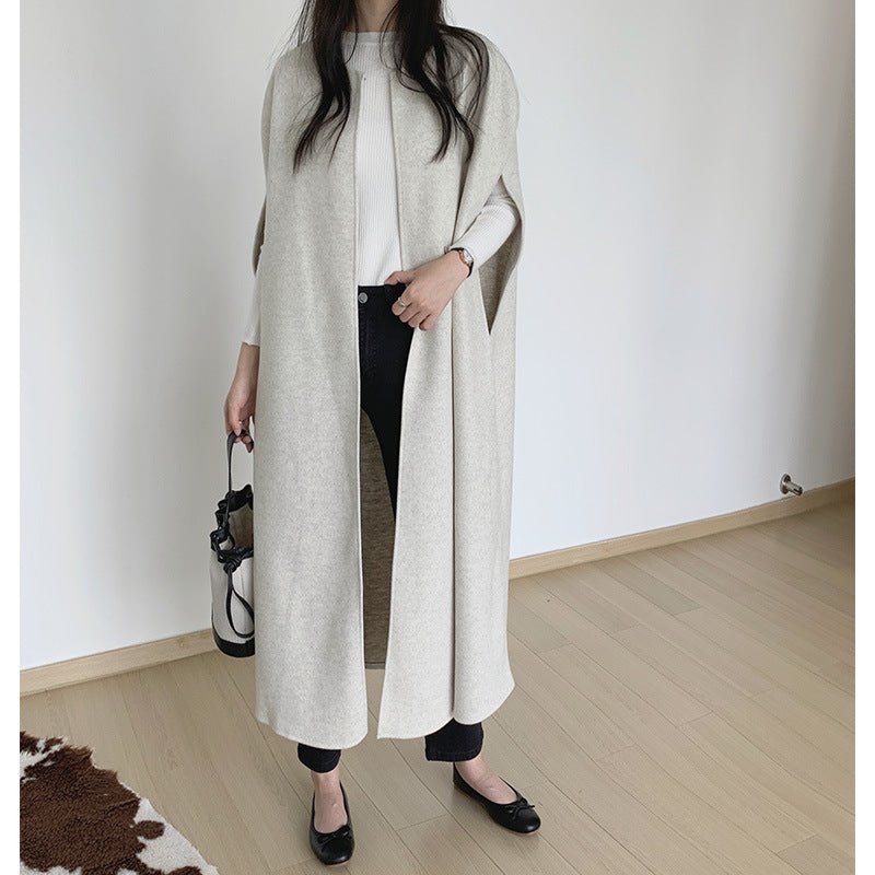 Sleeveless Cape Vest | Minimalist Long Wool-Blend Gilet Coat