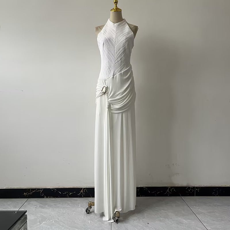 Sleeveless High Neck Gown – White Pleated Party Abaya